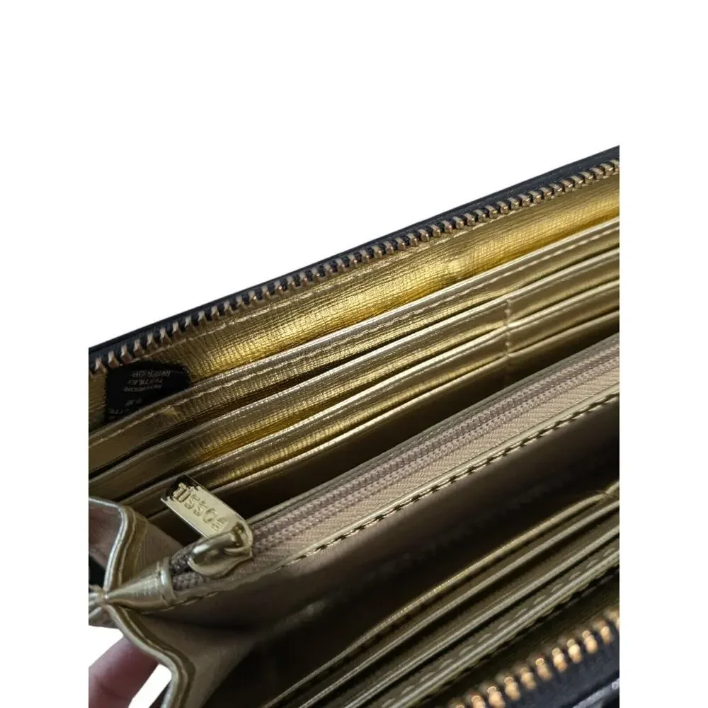 Fossil Sydney Wallet Black Metallic Gold Leather Wristlet Accordion Clutch